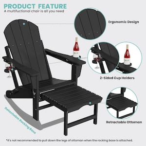 6-in-1 Multi-functional Black Plastic Folding Rocking Adirondack Chair with Dual Cup Holders and Retractable Ottoman