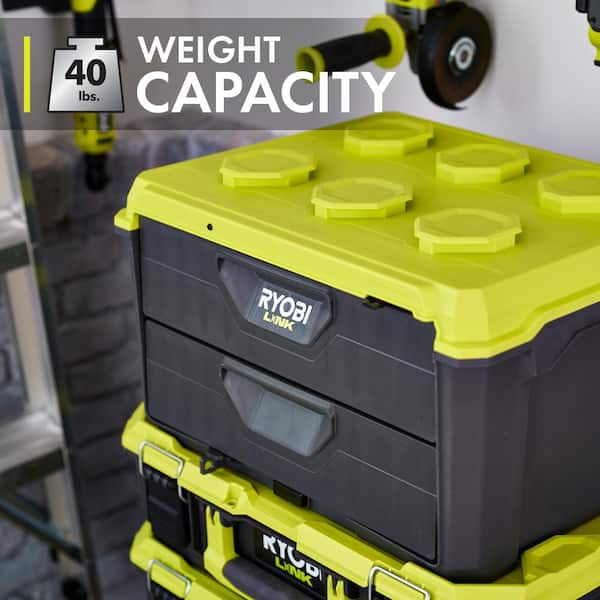 Link 17 in. Tool Bag with Tool Organizer Including Tape Measure Clip and Synching Level Straps, Ryobi Green/Gray/Black