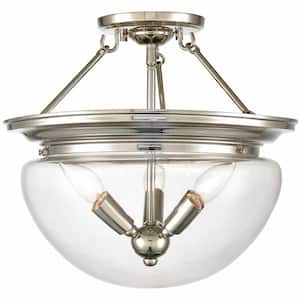 43 in. 3-Light Nickel Modern Semi-Flush Mount with Clear Glass Shade and No Bulbs Included 1-Pack