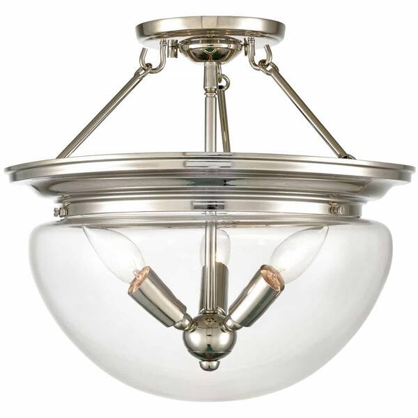 CLAXY 43 in. 3-Light Nickel Modern Semi-Flush Mount with Clear Glass Shade and No Bulbs Included 1-Pack