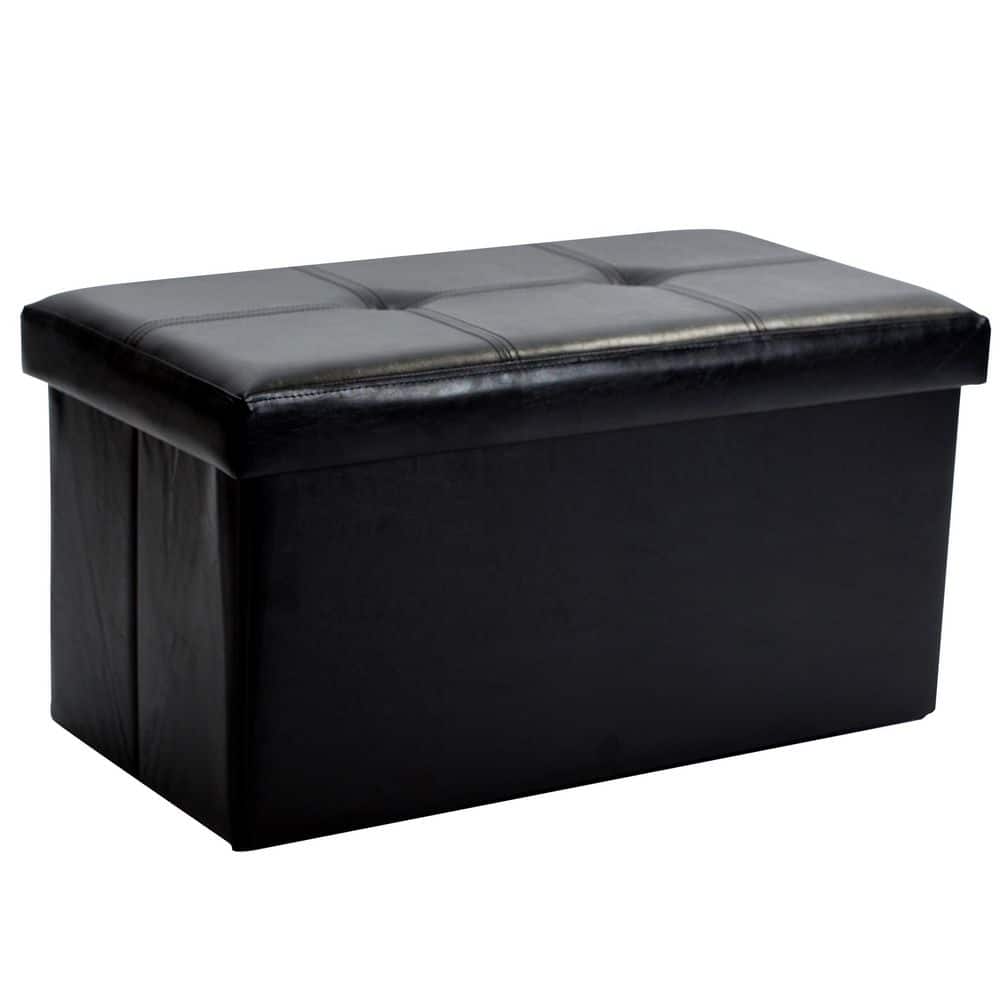 Black Faux Leather Collapsible Storage Ottoman with Tufted Top