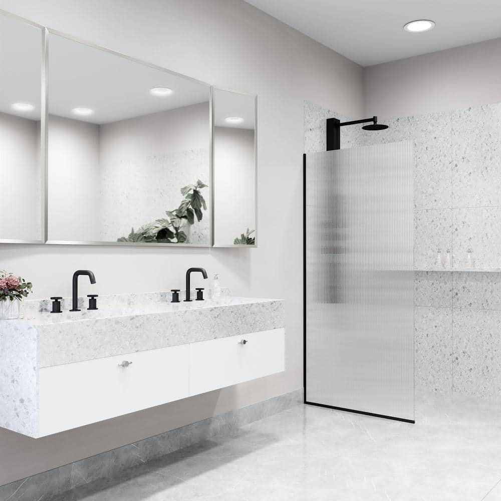 Zenith 34" Matte Black Frameless Fluted Glass Shower Screen