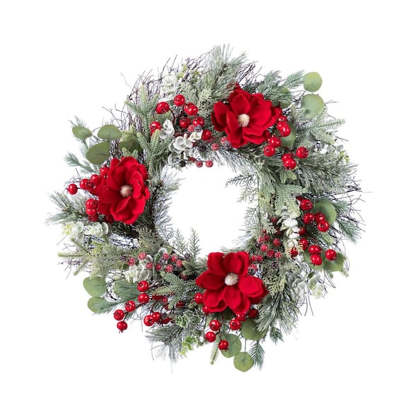 24 in. D Red Mangnolia and Berry Unlit Artificial Christmas Wreath