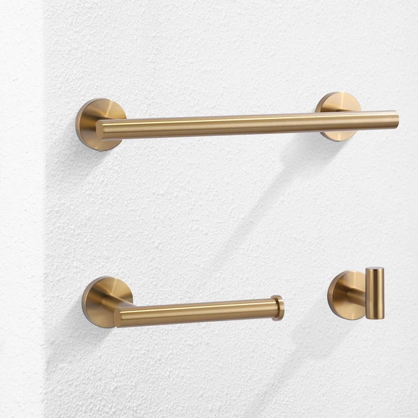 Stainless Steel 3 -Piece Bath Hardware Set with Towel Hook, Toilet Paper Holder and 12 in. Towel Bar in Gold