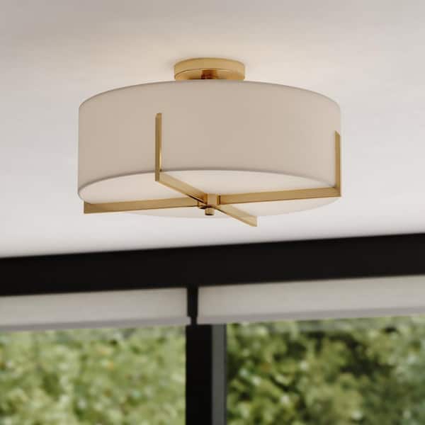 VAXCEL Surrey 18-in W Natural Brass Mid-Century Modern Semi Flush Mount Ceiling Light White Linen Drum Shade