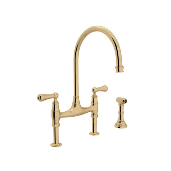 Perrin & Rowe Georgian Era 2-Handle Bridge Kitchen Faucet with Sidespray in Unlacquered Brass