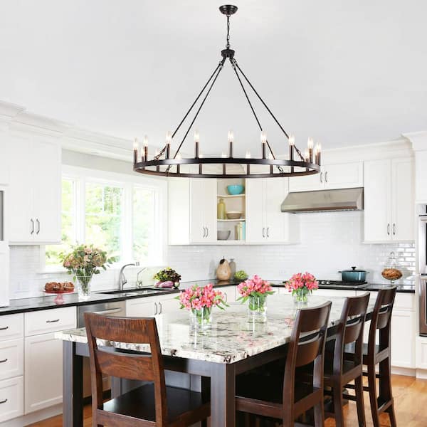 20-Light Black Farmhouse Candle Style Hanging Wagon Wheel Chandelier Lighting for Kitchen Island