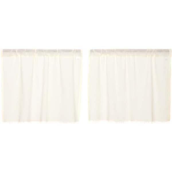 Tobacco Cloth Antique White 36 in. W x 24 in. L Cotton Sheer Fringed Edge Rod Pocket Farmhouse Cafe Curtain Pair