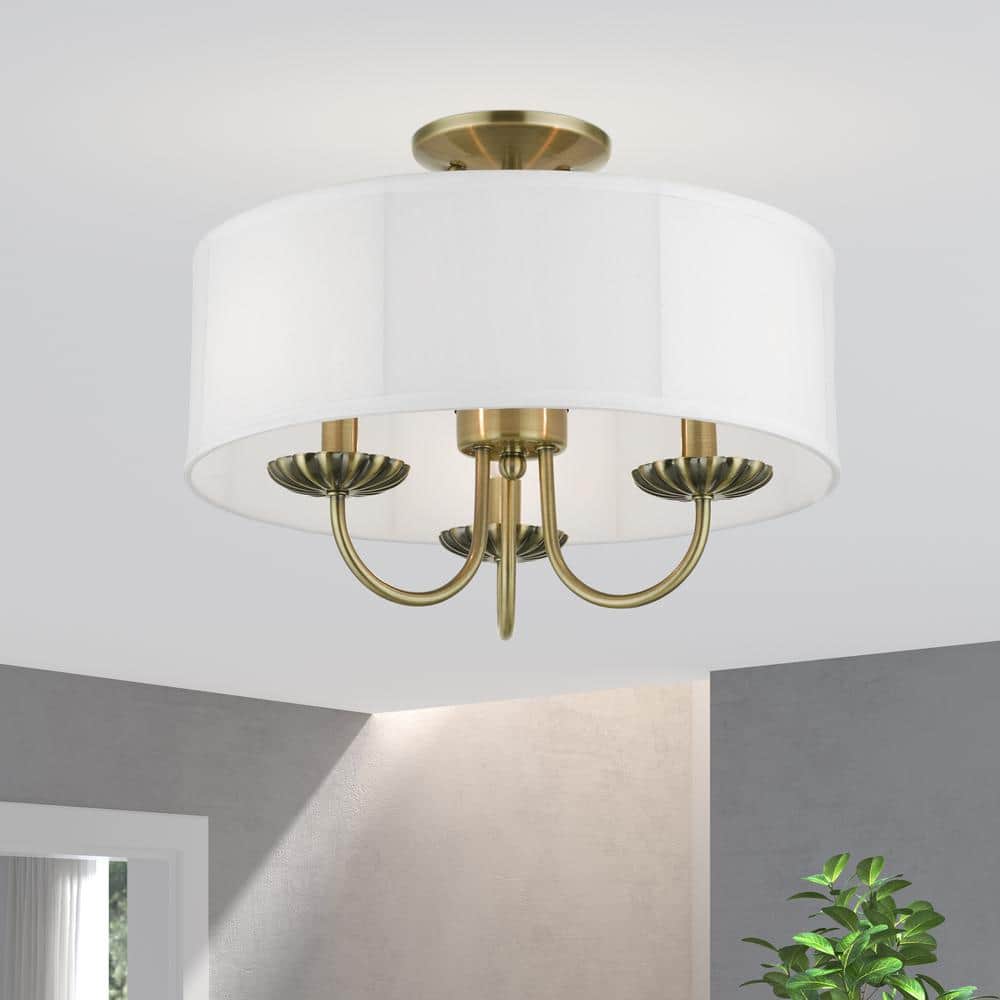 Brookdale Antique Brass 3-Light Semi-Flush Drum Shade Fixture