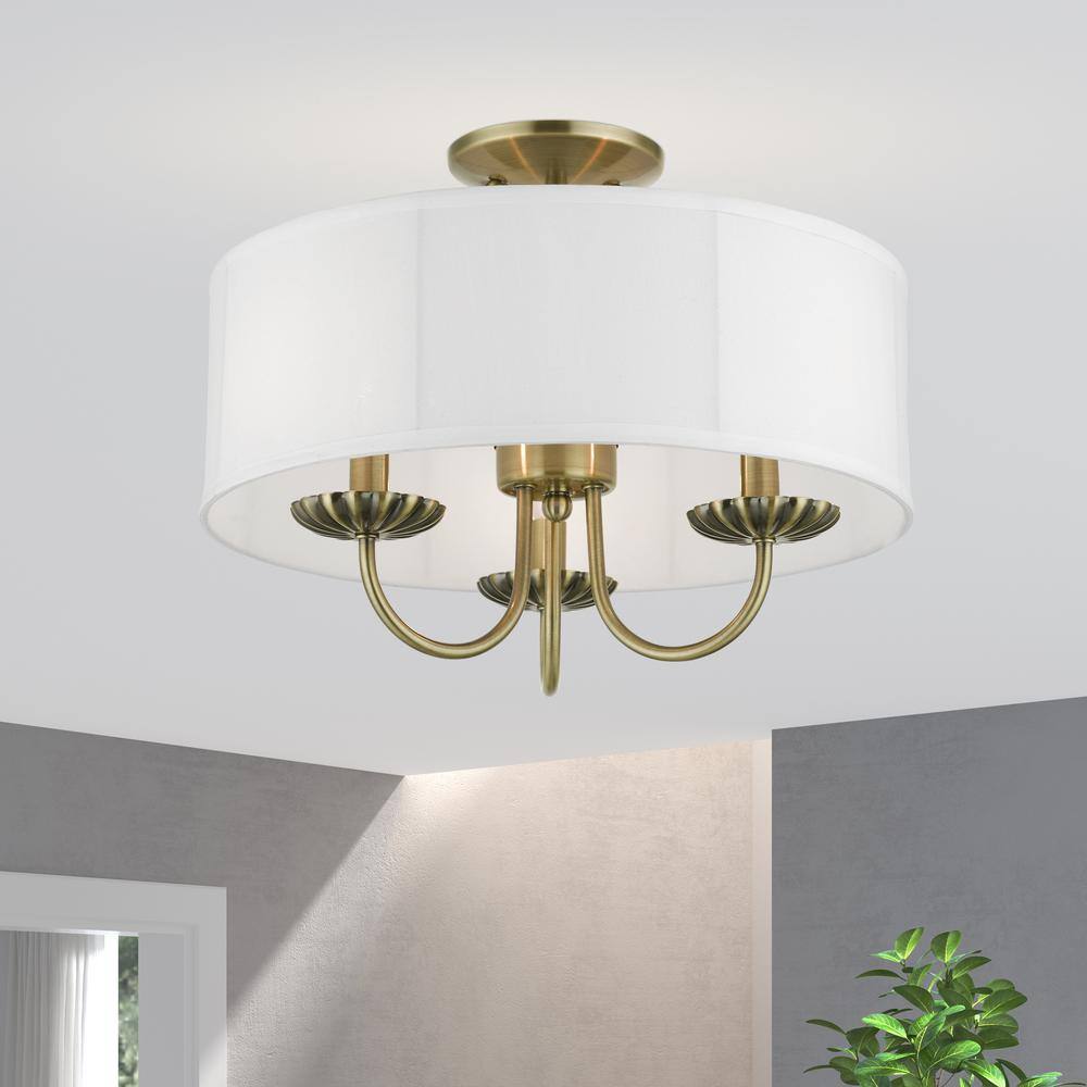 Brookdale Antique Brass 3-Light Semi-Flush Drum Shade Fixture