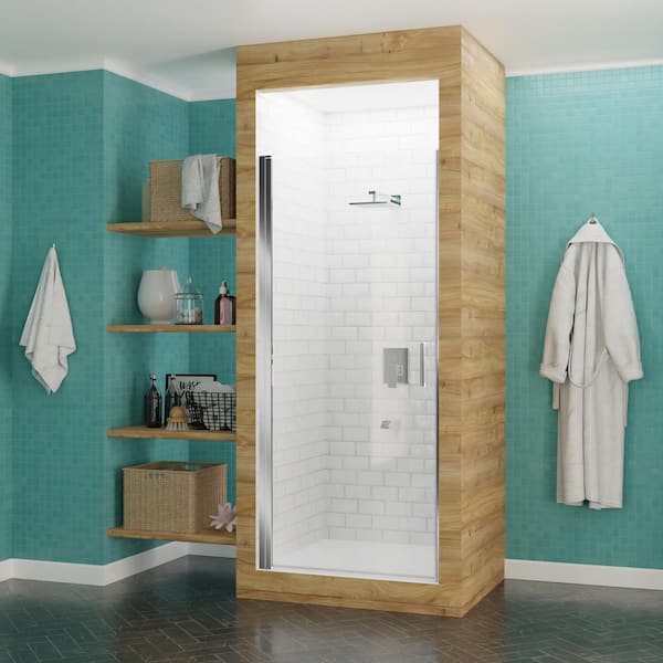 Lancer Series 23.4 in. x 72 in. H Hinged Frameless Shower Door in Polished Chrome with Tsunami Guard Tempered Glass