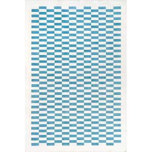 Cristina Checkered Machine Washable Blue Doormat 3 ft. x 5 ft. Accent Rug