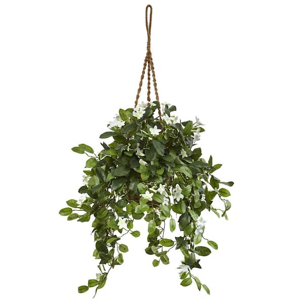 Nearly Natural Indoor Stephanotis Flowering Artificial Plant In Hanging Basket 6985 The Home Depot