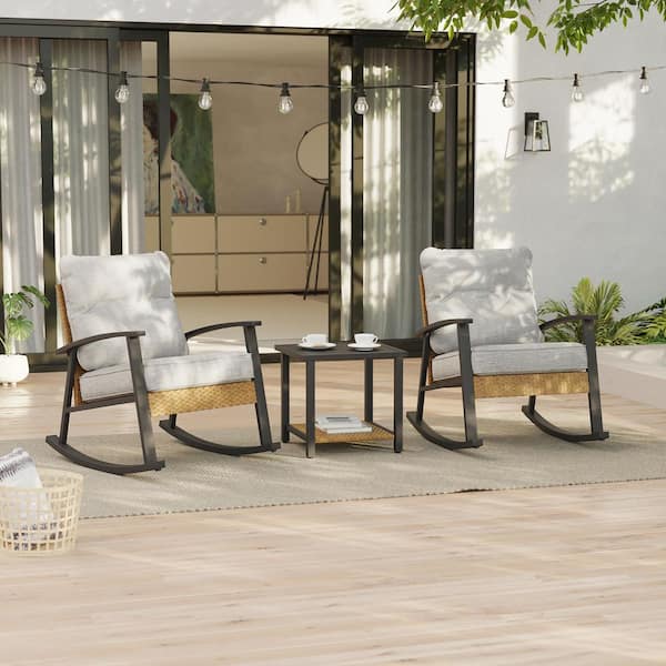 3-Piece Metal Frame Patio Bistro Set, Rocking Chair Modern Patio Furniture Sets with Side Table and Linen Gray Cushions