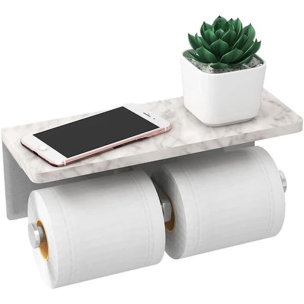 Wall-mounted Double Toilet Paper Holder with Shelf in Brushed Nickel, Marble Bathroom Washroom Accessory Decoration