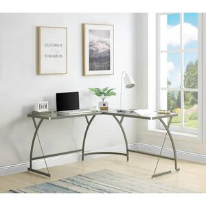 51 in. Sliver L-Shaped Desk in Clear Glass and Silver Computer Corner Desk for Gaming or Home Office