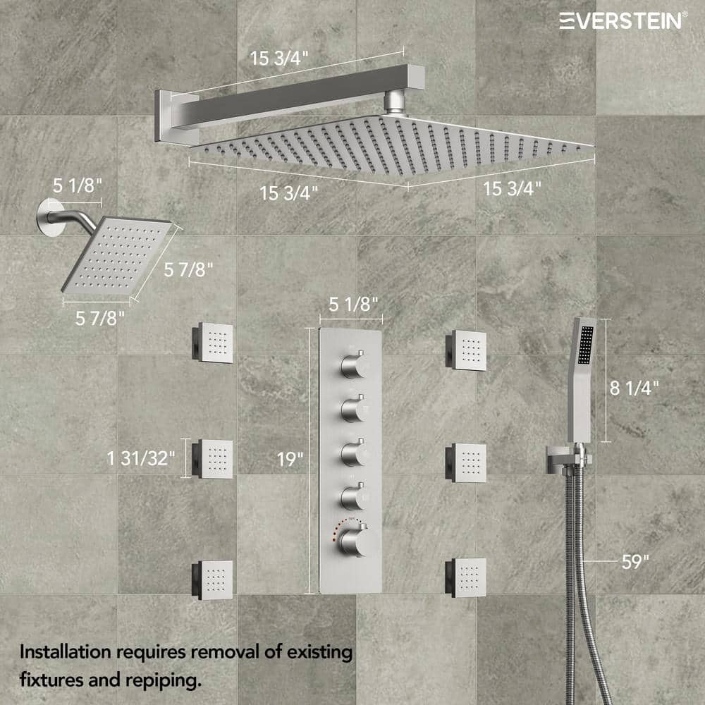 16" Dual Shower Heads with Handheld Spray and Body Jets in Brushed Nickel