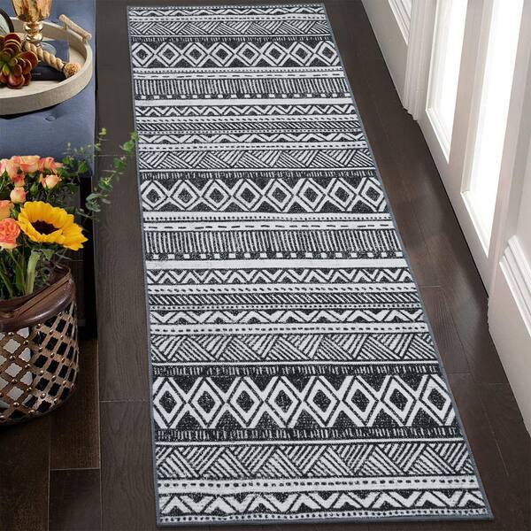 Black Line Geometric Area Rug, Boho Long Bath Mat Non-slip