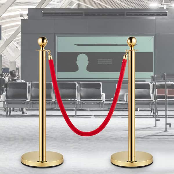 Velvet Ropes and Posts 5 ft. Red Rope Stainless Steel Gold Stanchion w/Ball Top Stanchion Crowd Control, (2-Pack Sets)