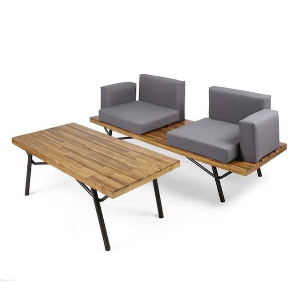 2-Piece Wood Patio Conversation Set with Gray Cushions, Table, Metal legs