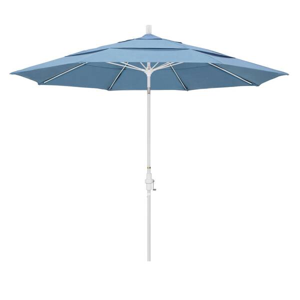California Umbrella 11 ft. Matted White Aluminum Market Patio Umbrella with Fiberglass Ribs Collar Tilt Crank Lift in Air Blue Sunbrella