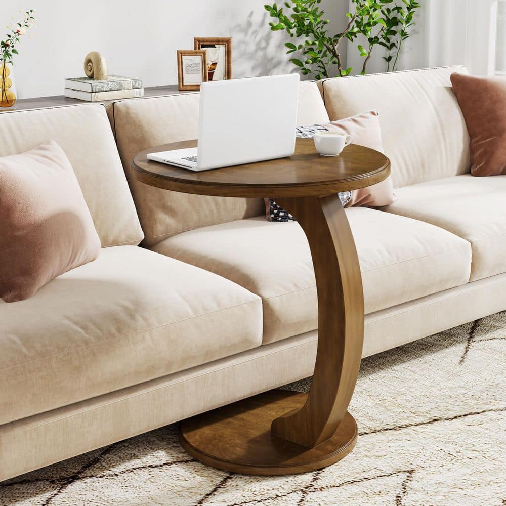 Kerlin 18.89 in. Brown Round Engineered Wood End Table with C-Shaped Design for Living Room