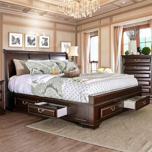 Liam Brown Wood Frame Queen Platform Bed with Footboard Drawers