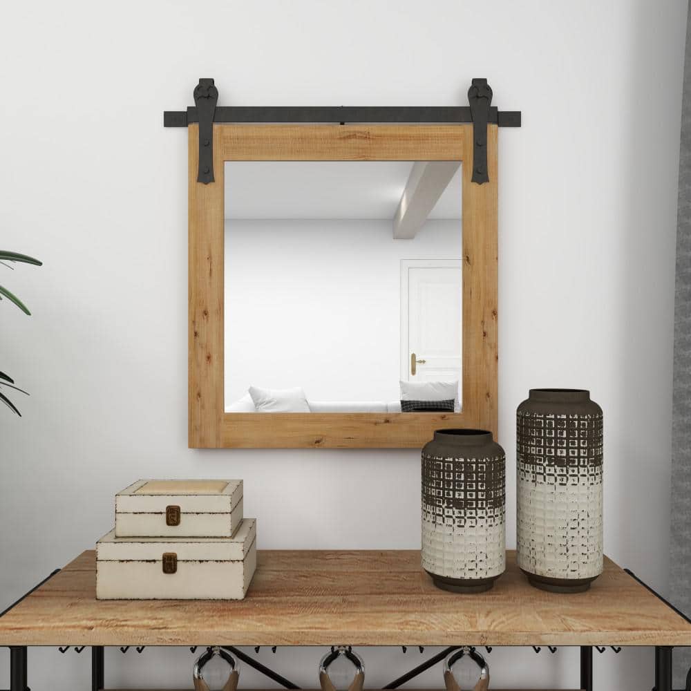Rustic Industrial Pine Wood Square Wall Mirror, 31" x 31"