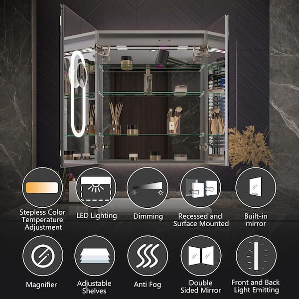 30 in. W x 36 in. H Rectangular Aluminum Recessed/Surface Mount LED Lighted Medicine Cabinet with Mirror, Defogger & USB