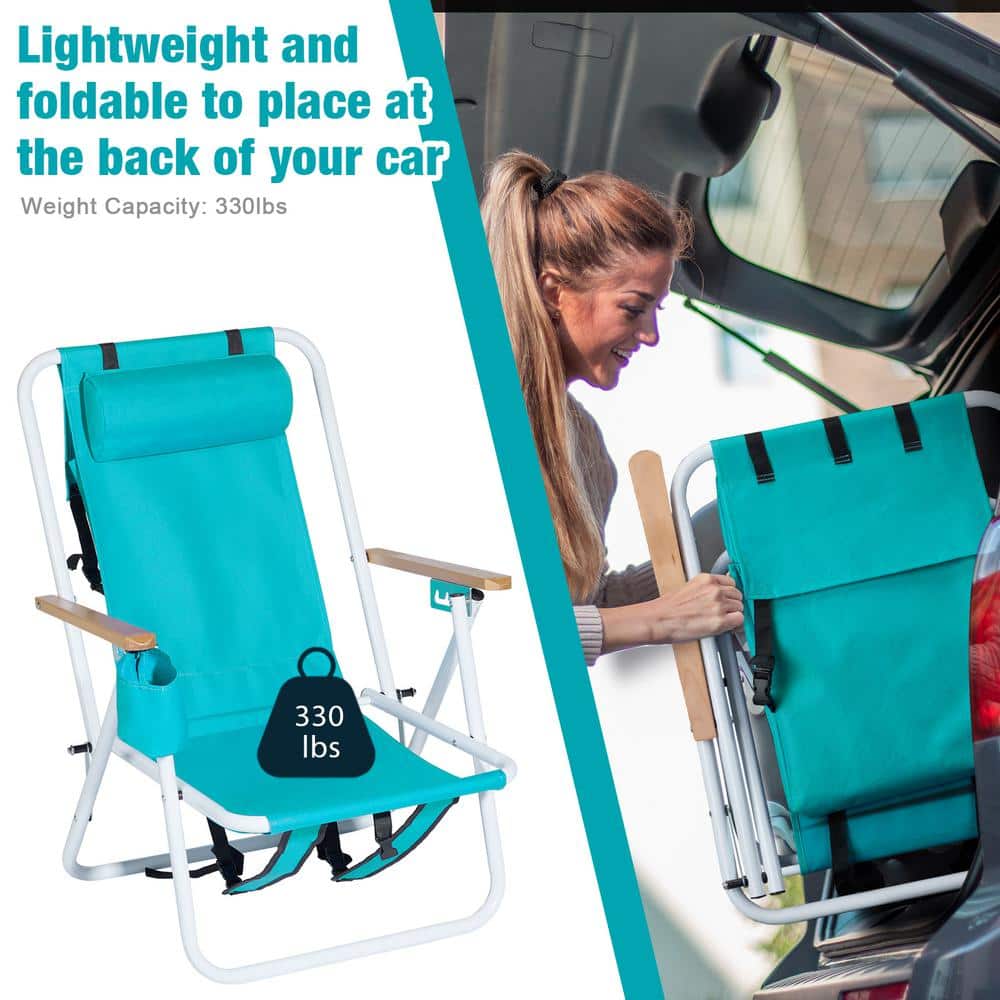 Mint Green Steel Folding Beach Armchair Set with Adjustable Backrest