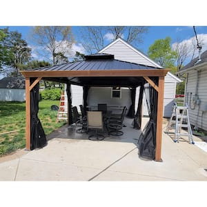 12 ft. x 18 ft. Hardtop Gazebo Galvanized Steel Roof Gazebo Pergola with Wooden Coated Aluminum Frame and Mosquito Net