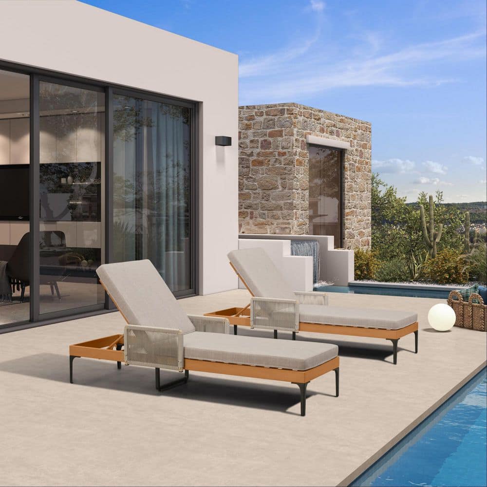 2-Piece Aluminum Outdoor Chaise Lounge Patio Lounge Chair with Oatmeal Greige Cushion and Armrest