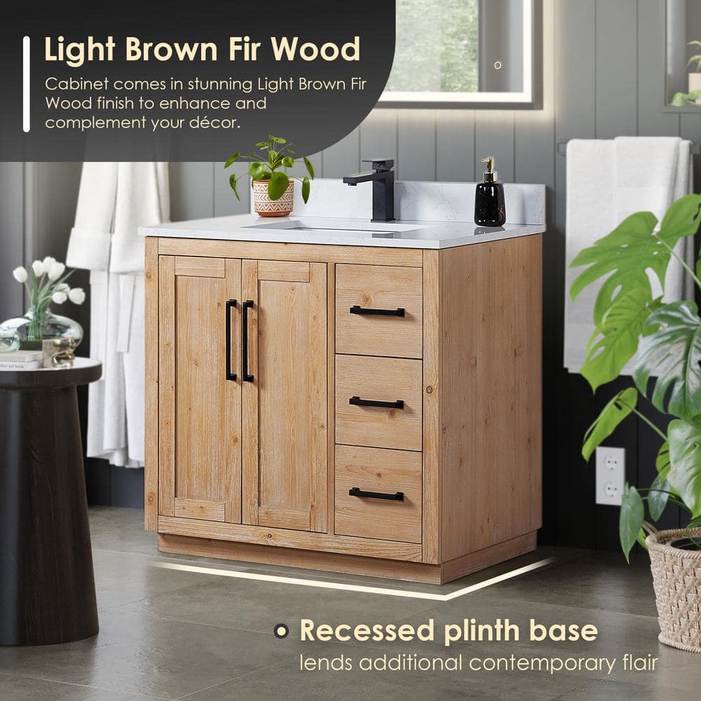 Cicero 36" Light Brown Fir Wood Vanity with White Stone Top