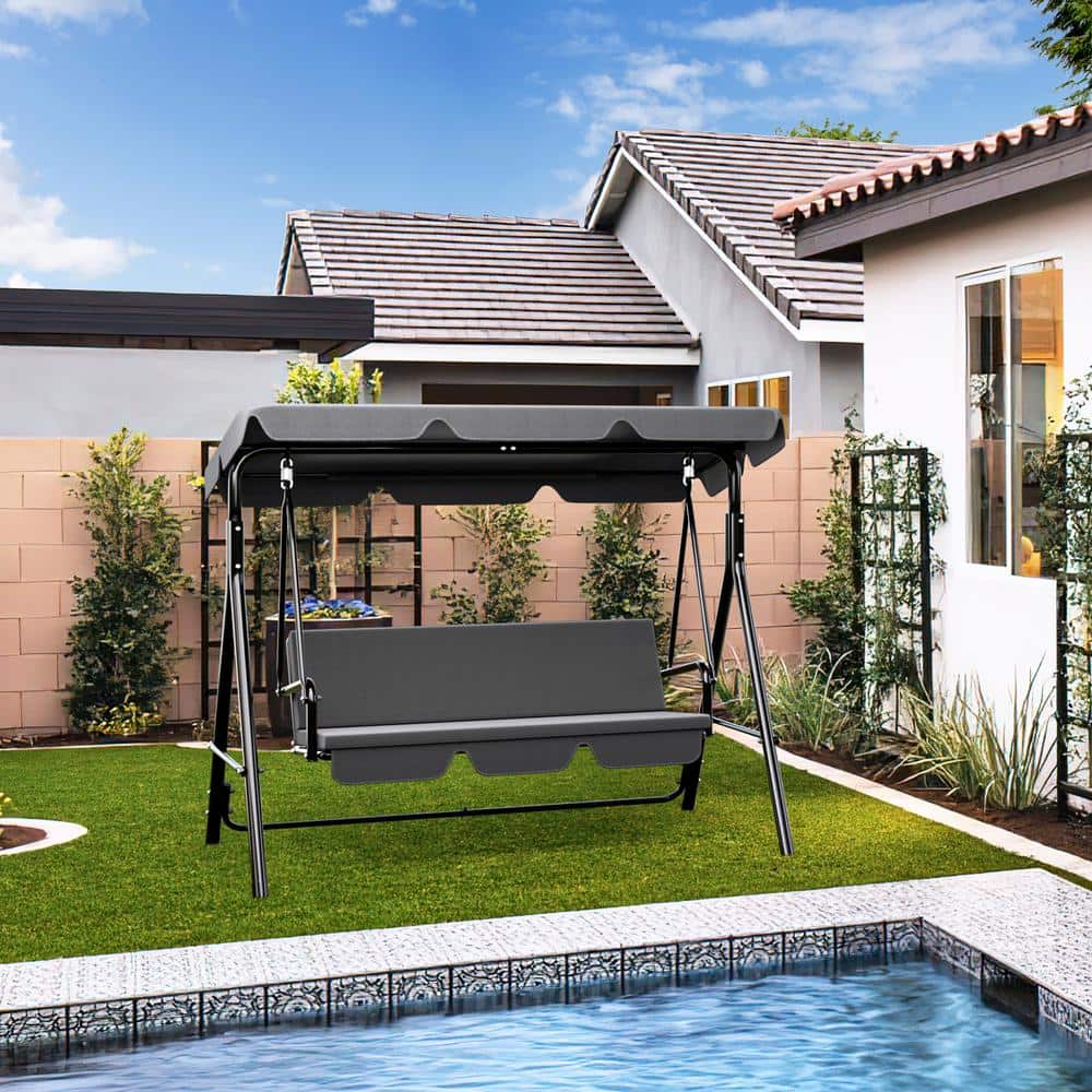 Black Powder Coated Steel 3-Person Outdoor Patio Swing with Adjustable Canopy