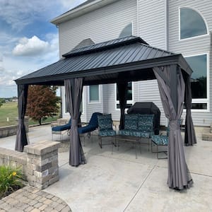 12 ft. x 20 ft. Light Gray Patio Outdoor Gazebo for Backyard Hardtop Galvanized Steel Frame with Upgrade Curtain