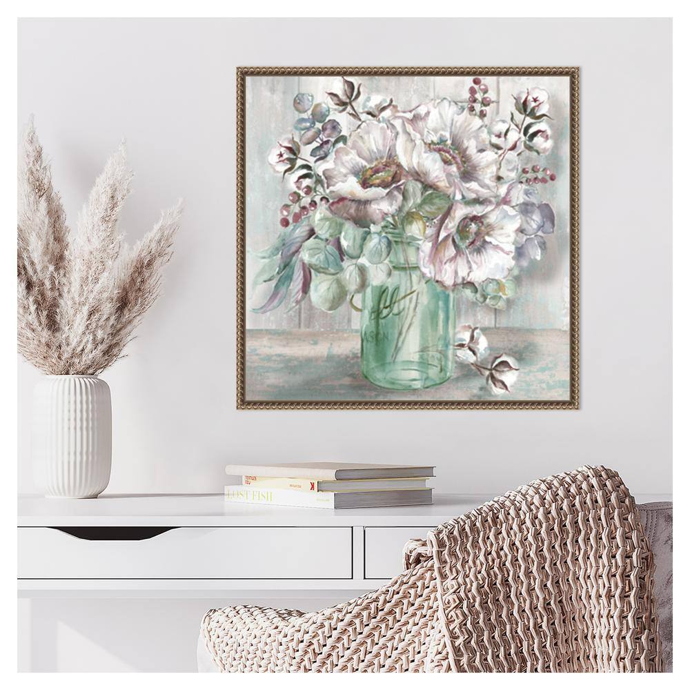 Blush Poppies and Eucalyptus in Mason Jar Canvas Print with Bronze Frame