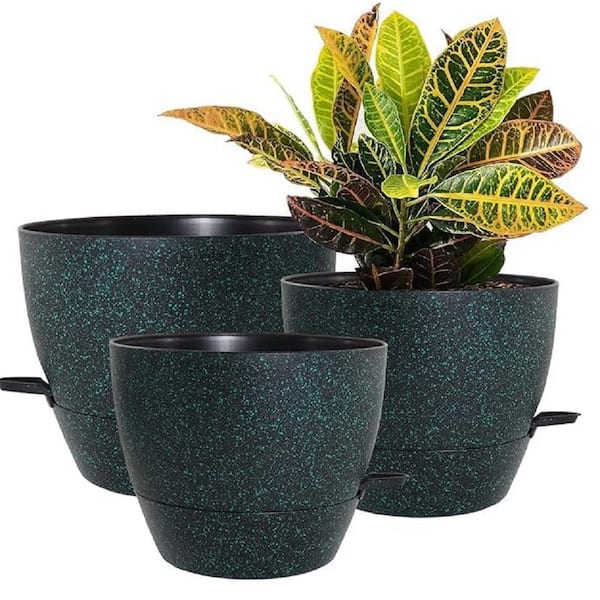 ITOPFOX Garden 10 in. L x 10 in. W x 7.3 in. H Black with Green Speckles Plastic Round Indoor Planter (3-Pack)