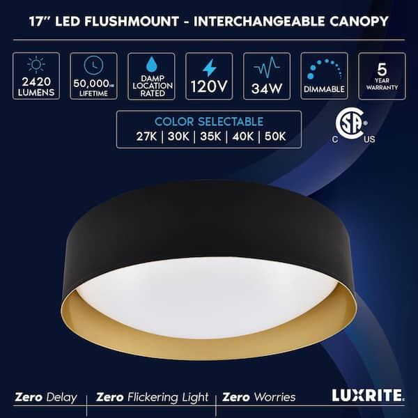 17 in. 1 Light Integrated LED Flush Mount Ceiling Light 34W 5CCT 2700K-5000K 2420LM Interchangeable Canopy Black & Gold