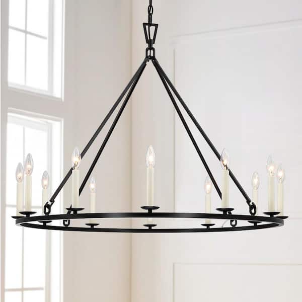 Williston 40 in. 12-Light Black Candle Style Wagon Wheel Chandelier