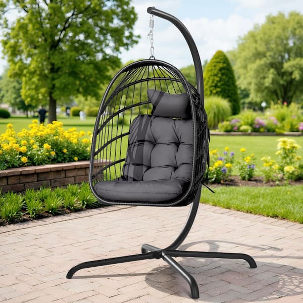 Foldable 350 lbs. 1-Person Gray Wicker Patio Swing Egg Chair with Stand and Dark Gray Cushion, Outdoor Hanging Chair