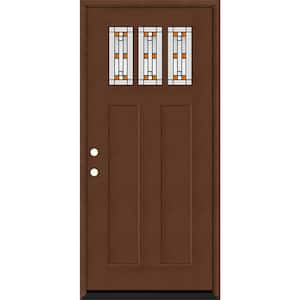 Regency 36 in. x 80 in. 3Lite Amber Ton Deco Glass RHIS Chestnut Stain Fir Grain Fiberglass Prehung Front Door