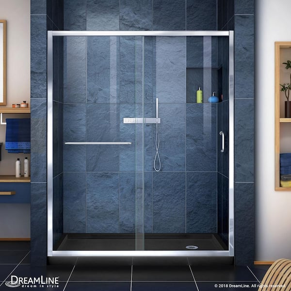 DreamLine Infinity-Z 34 in. x 60 -Frameless Sliding Shower Door in Chrome with Right Drain Shower Base in Black