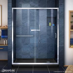 Infinity-Z 36 in. x 60 in. Semi-Frameless Sliding Shower Door in Chrome with Right Drain Shower Base in Black