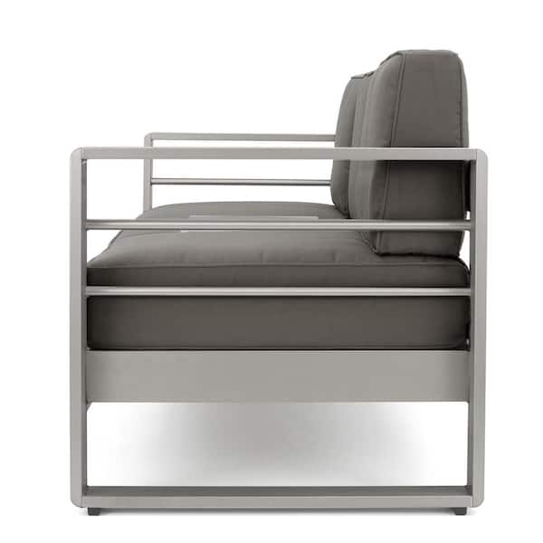 Valentina Silver Aluminum Outdoor Patio Sofa with Khaki Cushions and Tray
