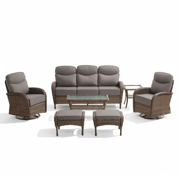 High Crescent 7-Piece Brown Wicker Patio Conversation Set with Gray Cushions and Coffee Table
