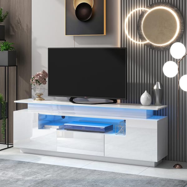 Qualler 67 in. White TV Stand Fits TVs up to 75 in. with 1-Drawer and LED Lights
