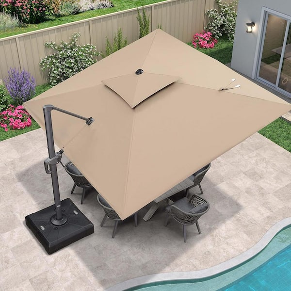 PURPLE LEAF 11 ft. Square 2-Tier Aluminum Cantilever 360-Degree Rotation Patio Umbrella with Base, Beige