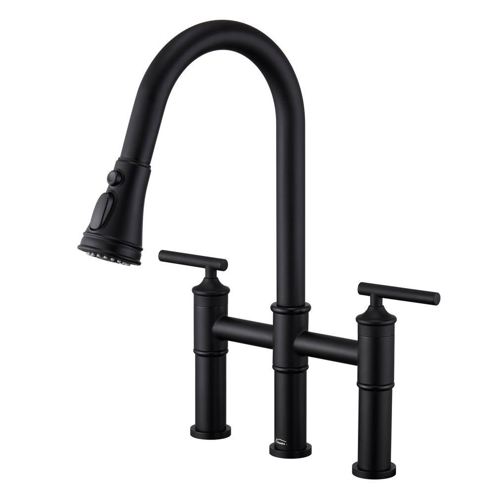 Double Handle Bridge Pull-Down Kitchen Faucet with 3-Spray Patterns and 360