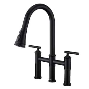 Double Handle Bridge Pull-Down Kitchen Faucet with 3-Spray Patterns and 360 Degrees Rotation Spout in Matte Black