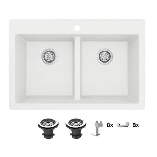 33 in. Drop-In 50/50 Double Bowl White Granite Composite Kitchen Sink with Stainless Steel Strainers